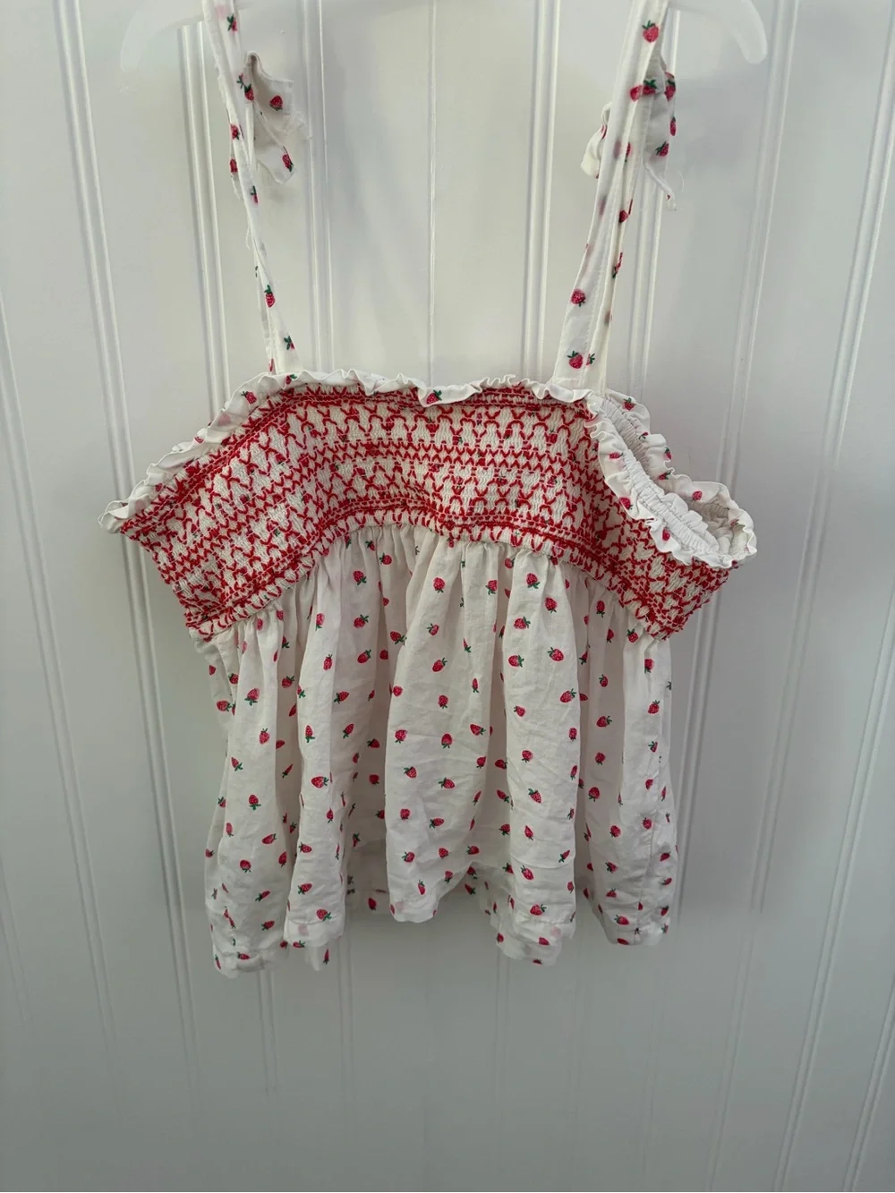 Girl’s White Strawberry Print Smocked Tank Top